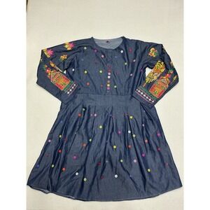 JK Collection Womens Chambray Dress Embroidered Floral Button Boho Folk Art XL